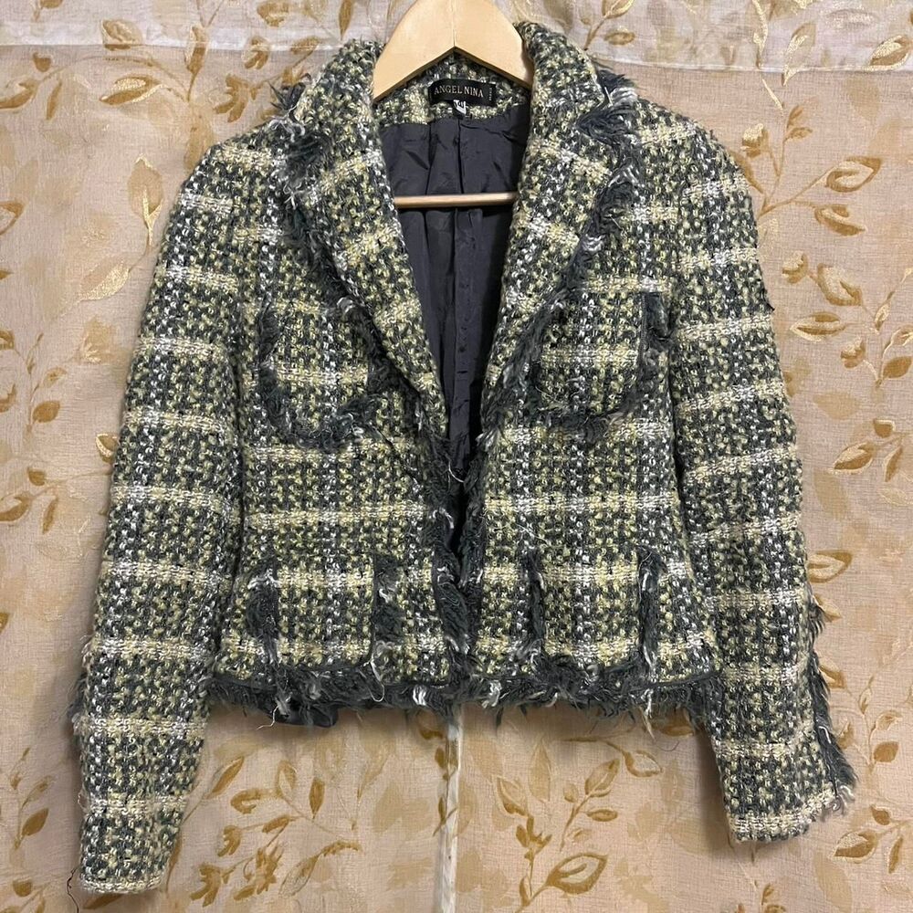 Tweed Blazer Y2K Vintage Channel Style Jacket Women's S Yellow Gray Vintage